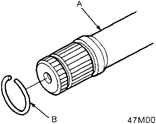 Diagram of a driveshaft with a stopper ring being removed, labeled A (Driveshaft) and B (Stopper Ring), figure number 47M0066