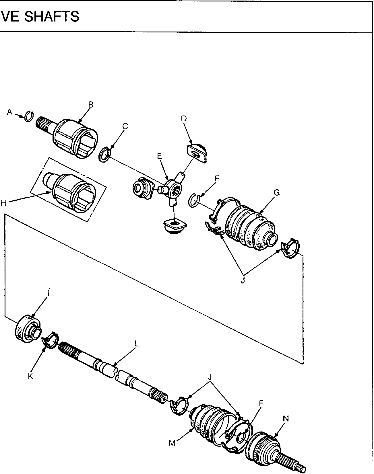 Exploded view diagram of a drive shaft assembly showing components labeled A through N, including joints, boots, clamps, and the shaft.
