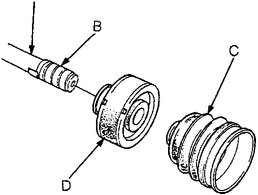 Diagram showing driveshaft assembly with labels A, B, C, D