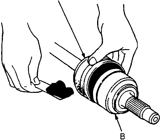 Diagram showing hands installing outboard boot onto outboard joint with labels A, B
