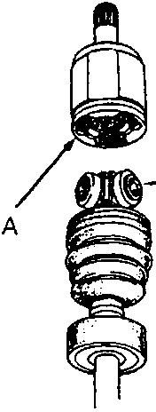 Exploded view of an inboard joint assembly showing the joint and driveshaft connection with callout A.