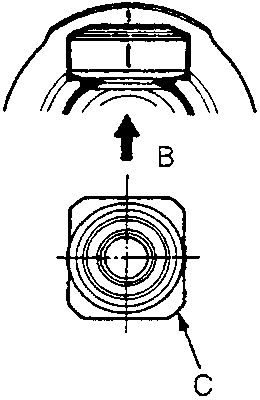 Top-down diagram of the inboard joint holder showing spline direction arrow B and holder position C.