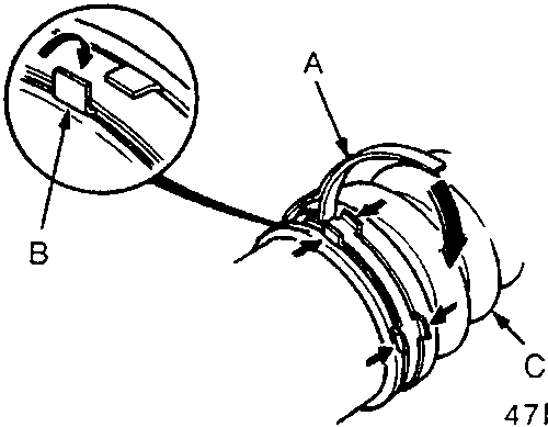 Diagram showing boot band (A), locking tabs (B), and boot (C) with arrows indicating bending direction