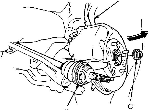 Diagram showing outboard joint installation into knuckle with callouts A, B, C
