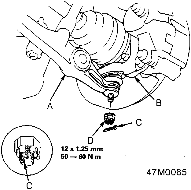 Diagram showing lower arm, knuckle, cotter pin and castle nut assembly with torque specification