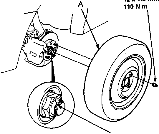 Diagram of front wheel assembly showing wheel nut and spindle nut with dimensions 12 x 1.5 mm 110 N m and 24 x 1.5 mm 250 N m