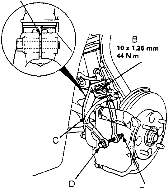 Diagram of damper fork installation showing alignment tab, pinch bolt, fork, bolt, and nut with dimensions 10 x 1.25 mm 44 N m and 12 x 1.25 mm 65 N m