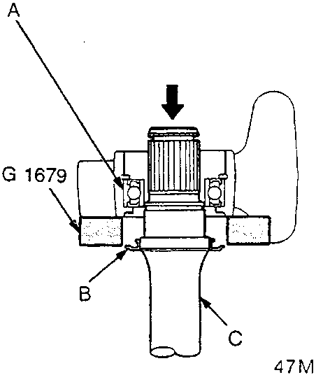 Diagram showing tool 18G 1679 pressing the intermediate shaft bearing A out of the metal ring B on the intermediate shaft C