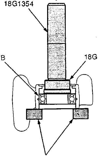 Diagram showing press tool (A) pressing intermediate shaft bearing (B) out of support using tools 18G1354, 18G1533, and 18G1679