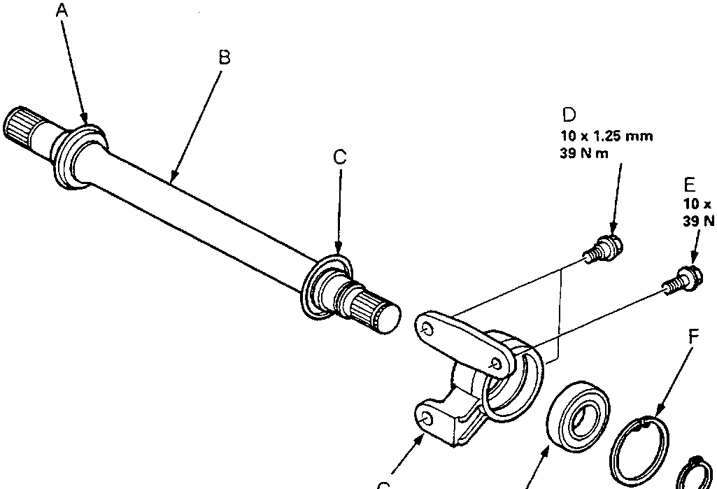 Exploded view diagram of the intermediate shaft assembly showing components A through K, including bolts with torque specifications and grease weight for the outer seal.