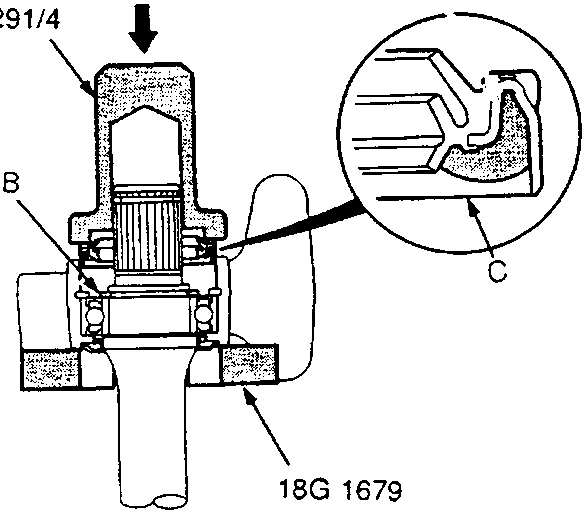 Diagram showing the installation of an outer seal and external circlip on an intermediate shaft using tools 18G 1298/4 and 18G 1679. A callout C shows grease applied to the seal lip. Labels A indicates External Circlip, B indicates Outer Seal, and C indicates Grease.