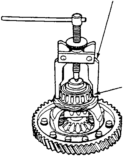 Diagram showing bearing puller tool removing tapered roller bearing from differential