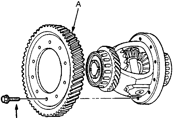 Diagram showing final driven gear and bolt being removed from differential carrier