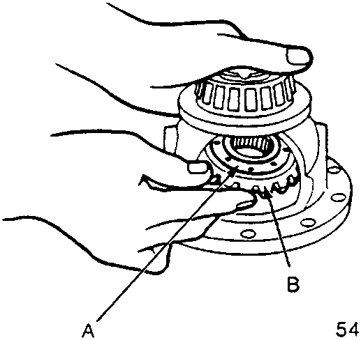 Diagram showing hands installing side gears with thrust washers into a differential carrier, labeled A Thrust Washers and B Side Gears.