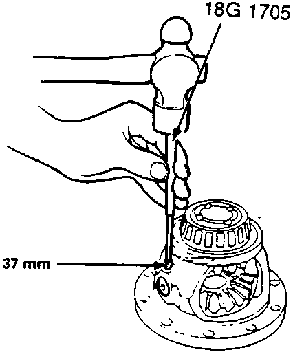 Diagram showing a special tool (18G 1705) being used to drive a 5 x 37 mm pin into the differential carrier