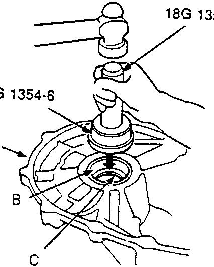 Diagram showing the installation of a bearing outer race into a transmission housing using special tools 18G 1354 and 18G 1354-6, with callouts A, B, and C.
