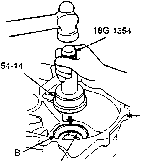 Diagram showing the installation of a thrust shim and bearing outer race into a clutch housing using special tools 18G 1354 and 18G 1354-14, with callouts A, B, and C.