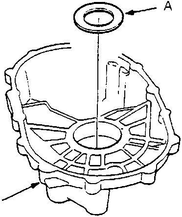 Diagram showing thrust shim (A) being installed into the transmission housing (B).