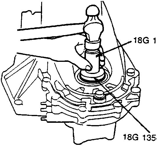Diagram showing installation of oil seal into transmission housing using special tools 18G 1354 and 18G 1354-12