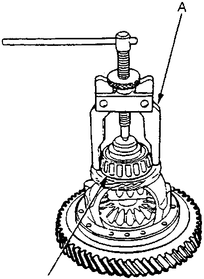 Diagram showing a bearing puller tool removing a tapered roller bearing from a differential assembly