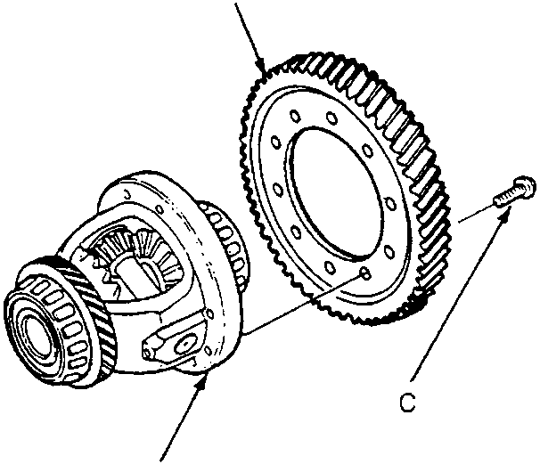 Exploded view of the final driven gear (A), differential carrier (B), and bolt (C).