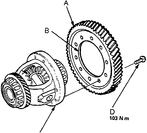 Exploded diagram of a differential assembly showing the final driven gear, chamfer facing carrier, differential carrier, and bolt, with callouts A, B, C, D and torque value 103 N m.