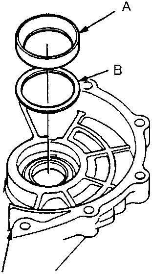 Diagram showing bearing outer race, thrust shim, and transmission housing
