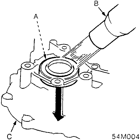 A heat gun (B) heating the taper roller bearing outer race (A) inside the torque converter housing (C).