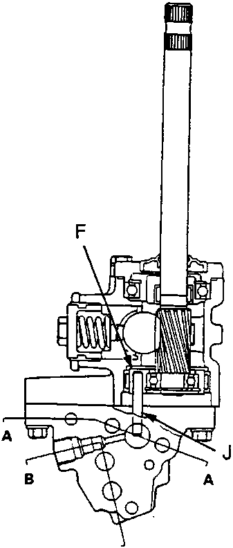 Cross-section diagram of the steering gearbox showing internal components labeled A through J, with reference number 57M0053 below.