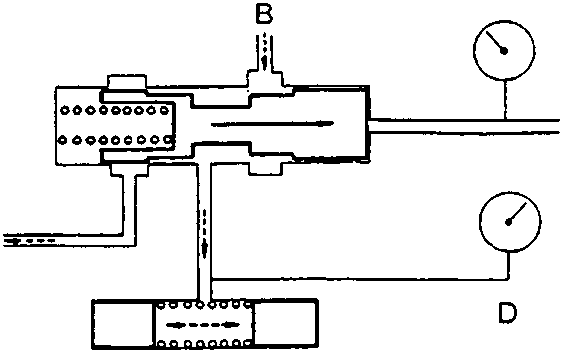 Diagram of a hydraulic valve system with labels A, B, C, D showing fluid flow and pressure chambers.