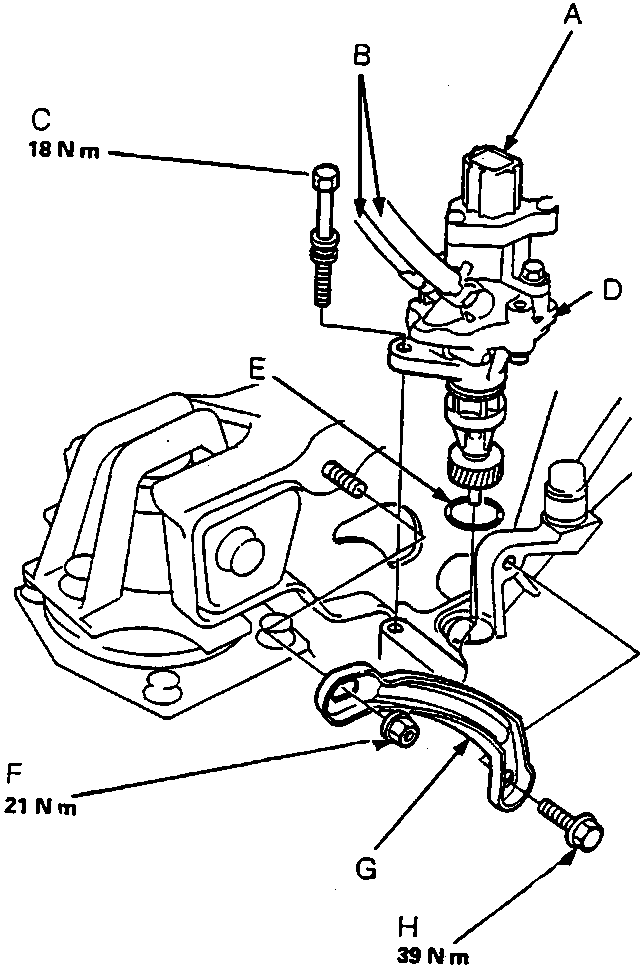 Diagram of power steering speed sensor assembly with callout labels A through H and torque values 18 N m, 21 N m, and 39 N m.