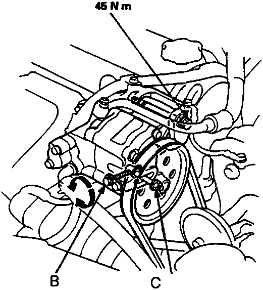 Diagram of power steering pump mounting showing adjustment bolt A, mounting bolt B, and mounting nut C with torque values