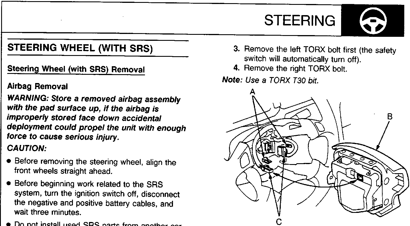 Diagram showing connector locks, airbag assembly, and SRS wire harness connectors on steering wheel