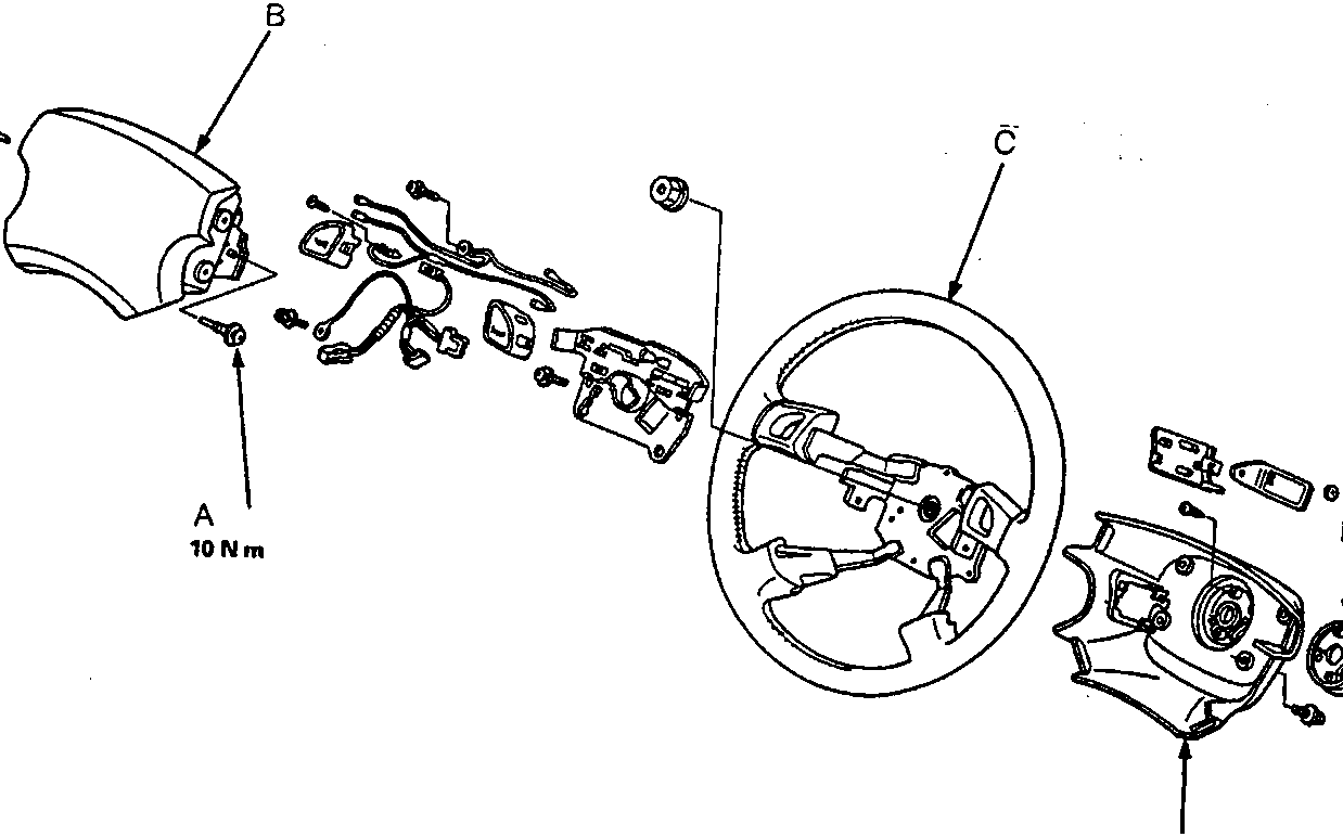 Exploded view of the steering wheel components including airbag assembly, steering wheel, spacer, and lower cover with torque specifications