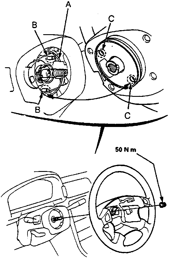 Diagram showing slip ring, pin, and hole alignment on steering column with a torque specification of 50 N m indicated for tightening the steering wheel locknut.