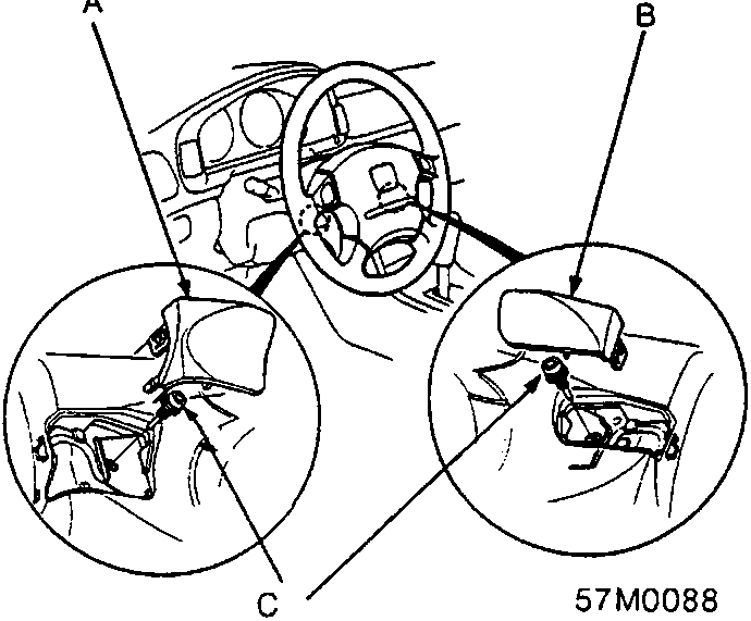 Diagram showing left maintenance lid (A), right maintenance lid (B), and TORX bolts (C) securing the airbag assembly, with a torque specification of 10 N m indicated.