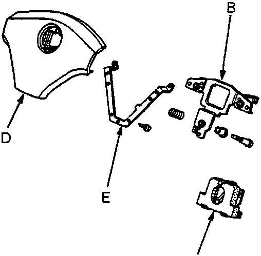 Exploded view diagram of the steering wheel components including badge, contact plate, centre pad, horn plate, and nut cover.