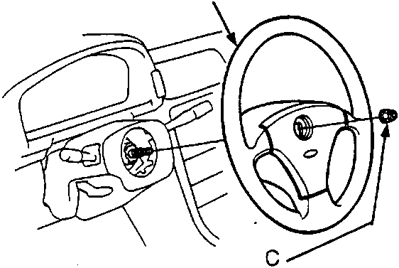 Diagram showing the steering wheel installation with callouts A (steering wheel), B (badge), and C (steering wheel nut) with a torque value of 50 N m indicated.