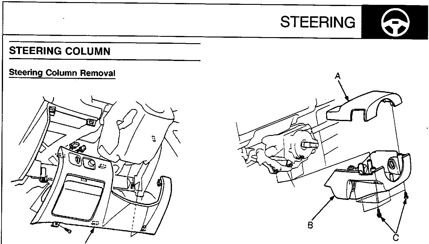 Diagram showing the lower cover (A) of the steering column and upper/lower column covers (A, B) with screws (C).