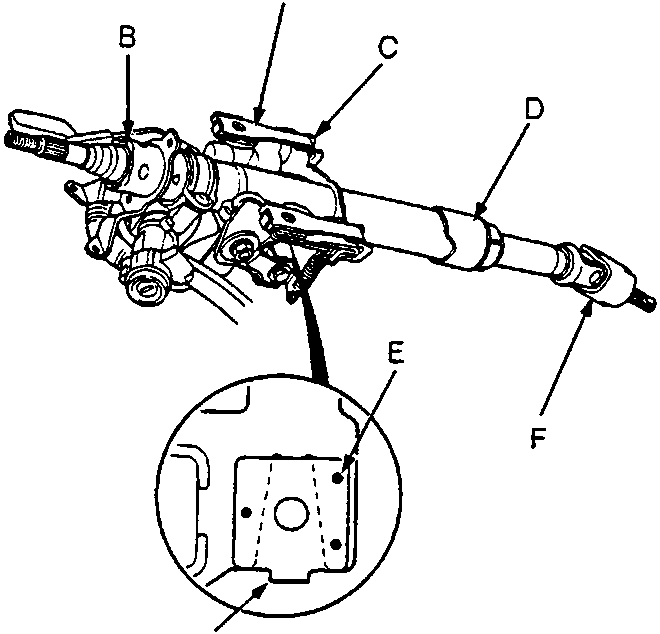 Diagram of steering column assembly showing labeled parts A through G