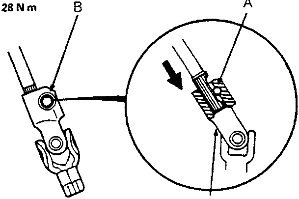 Diagram showing upper steering joint bolt alignment on column shaft