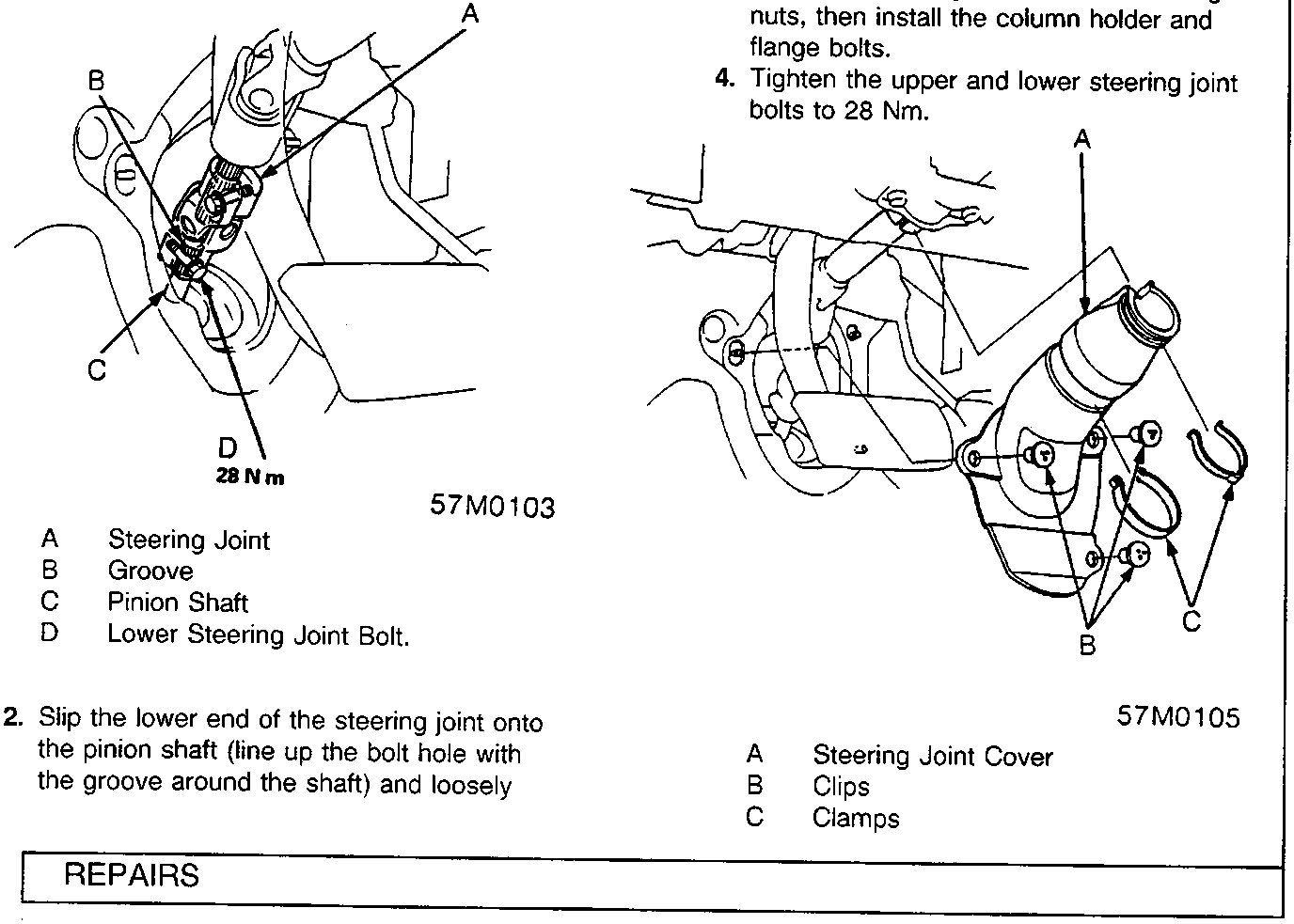 Diagram showing lower steering joint bolt installation on pinion shaft groove