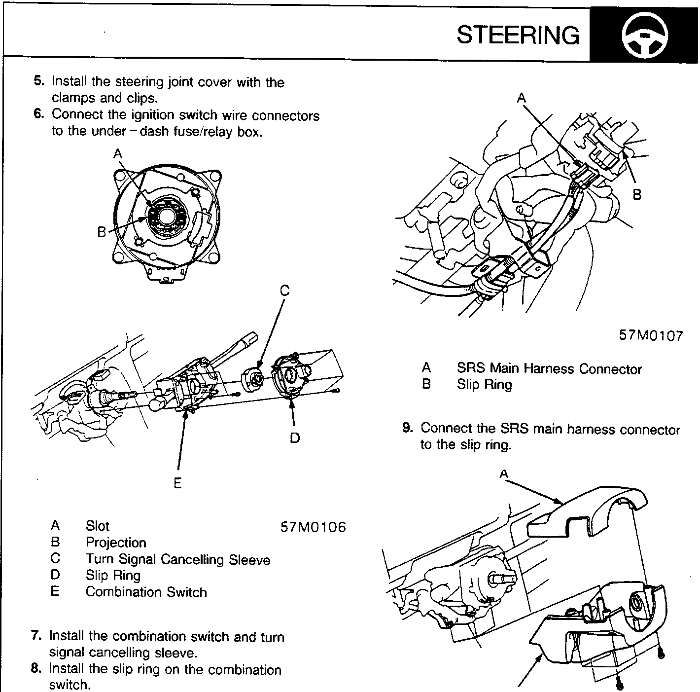 Diagram of steering column components showing combination switch, slip ring, and cancelling sleeve assembly with callout labels A through E.