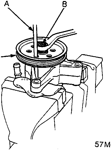 Diagram showing an extension bar (A), pulley nut (B), and pulley (C) being removed from a power steering pump.