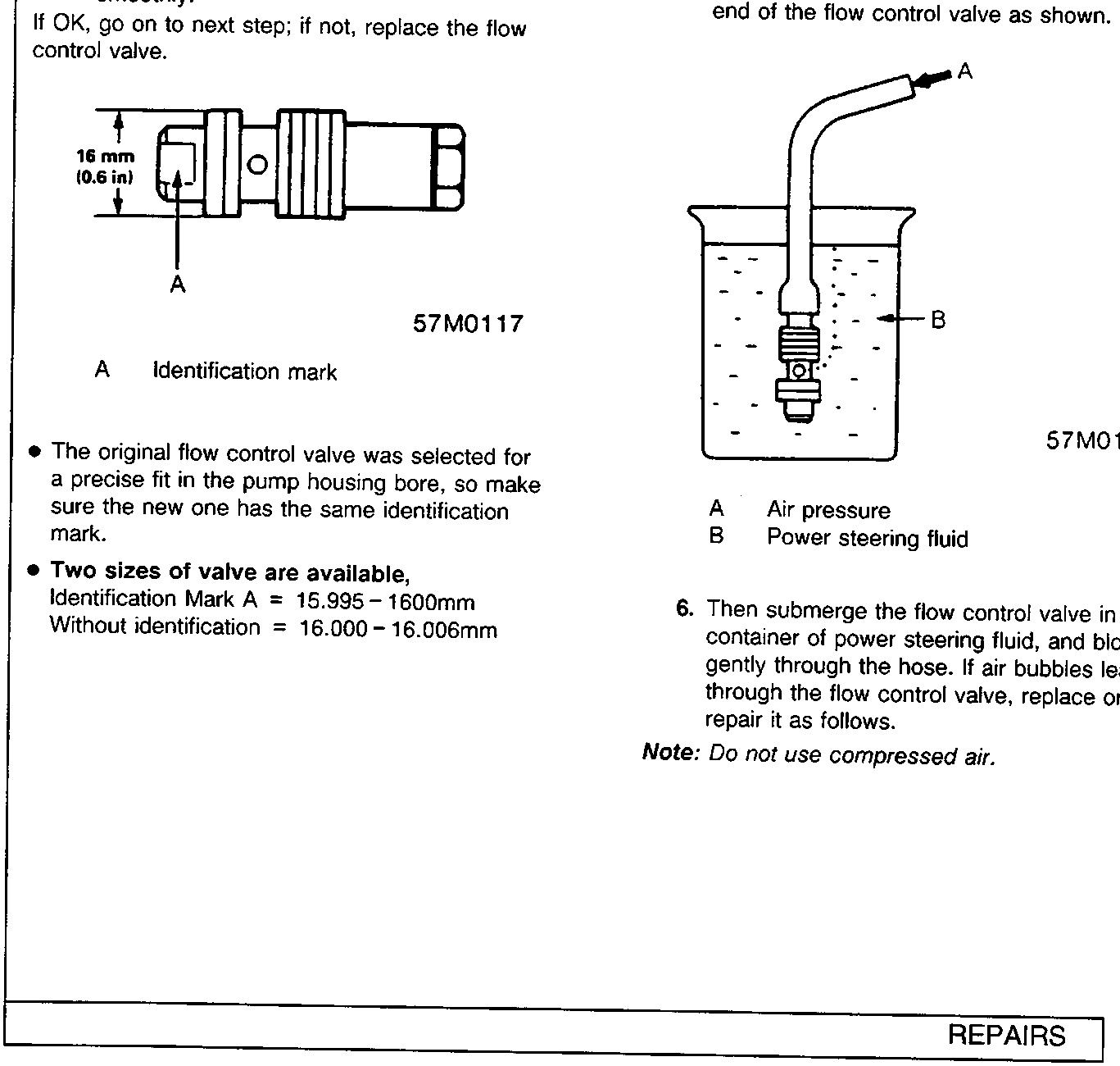 Diagram of a flow control valve with an identification mark dimensioned at 16 mm (0.6 in)