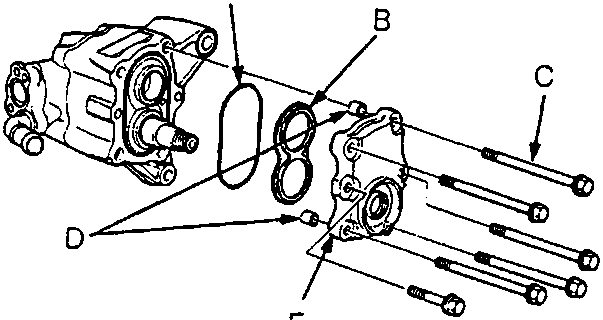 Exploded diagram of pump front cover assembly showing housing seal, plunger seal, flange bolts, dowel pins, and pump front cover labeled A through E.