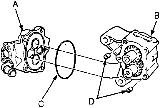 Exploded diagram of port housing and pump housing separation showing port housing, pump housing, housing seal, and dowel pins labeled A through D.