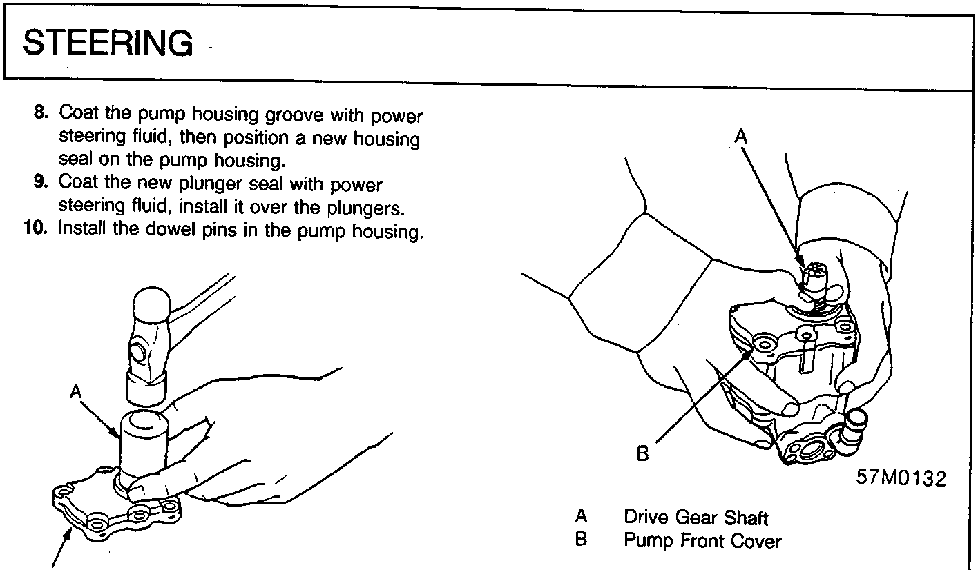 Diagram showing hands installing a component onto a pump housing using a socket and hammer