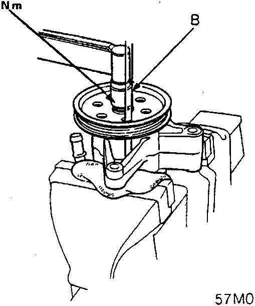 Steering pump pulley being tightened with an extension bar (B) and pulley nut (A) under a torque of 65 N m