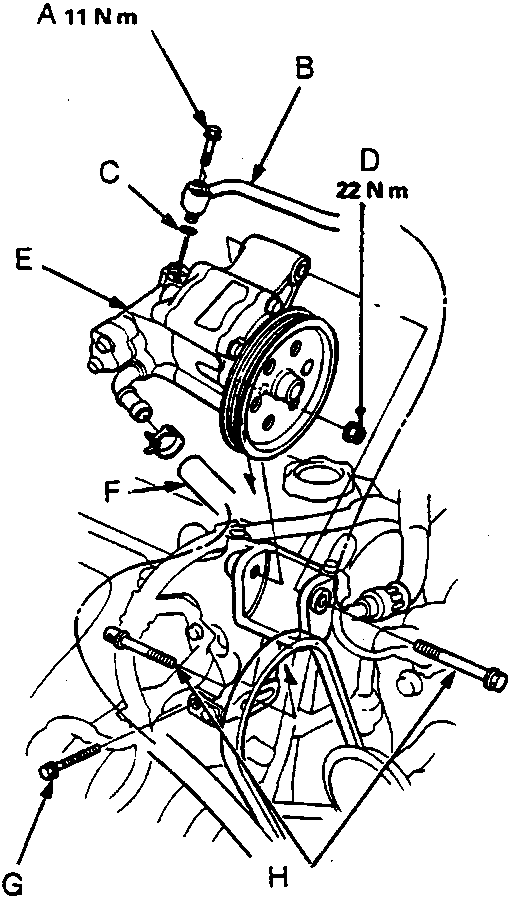 Diagram of power steering pump installation showing labeled components A through H with torque values 11 Nm, 22 Nm, and 45 Nm.